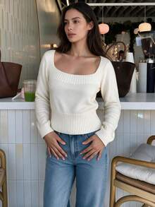 QUNGIGU Women Square Neck Sweater Ribbed Hem Basic Casual Knit Top For Fall Winter Daily Commuting Going Out Dating - White - View 6