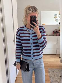 Women's Colorblock Striped Knit Cardigan, Basic Minimalist Knitwear, Autumn Outfit, Casual Style, Basic Outfit, Office Wear - Blue - View 7