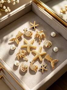 16pcs Gilded Ocean Style Shoe Charms, Dolphin, Starfish, Shell, Conch, Heart Detachable DIY Accessories, Suitable For Sandals, Slippers, Beach Bags, Holiday Gifts - Starfish Snails - View 2