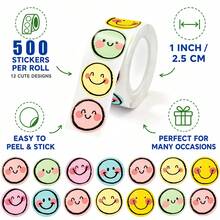 500pcs/Roll Colorful Smiling Face Labels, Cute Smiling Face Labels, Holiday Teacher Reward Decorative Stickers, Motivational Stickers, Happy Smiling Face Handmade Seal Stickers, Gift Self-Adhesive Sealing Stickers, PVC Waterproof Stickers - Multicolor - View 2