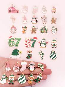 10pcs Random Styles Green/Pink Christmas Day Theme Drip Oil Alloy Charms For DIY Cute Necklace Keychain Gift Box&Festival Party Xmas Tree Ornaments - Christmas Theme - View 6