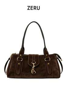 Vintage Dark Brown Suede Baguette Shoulder Bag With Metal Buckle, Underarm Crossbody Commuter Casual Handbag - Coffee - View 5