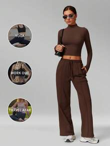 MFVIM Women's Autumn/Winter New Fitted Top + Wide Leg Pants 2-Piece Set, Versatile Soft Fabric - Coffee Brown - View 5
