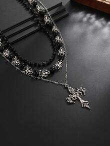 3pcs/Set Vintage Gothic Cross Necklace For Men, Black Agate Round Bead Spider Layered Set, Niche Design Men's Jewelry - White K - View 2