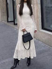 Unadoll Women Fall Winter Cream Lace Mermaid Midi Dress Mock Neck Flare Long Sleeve Bodycon Party Dress For Dating Cocktail Gathering - White - View 5