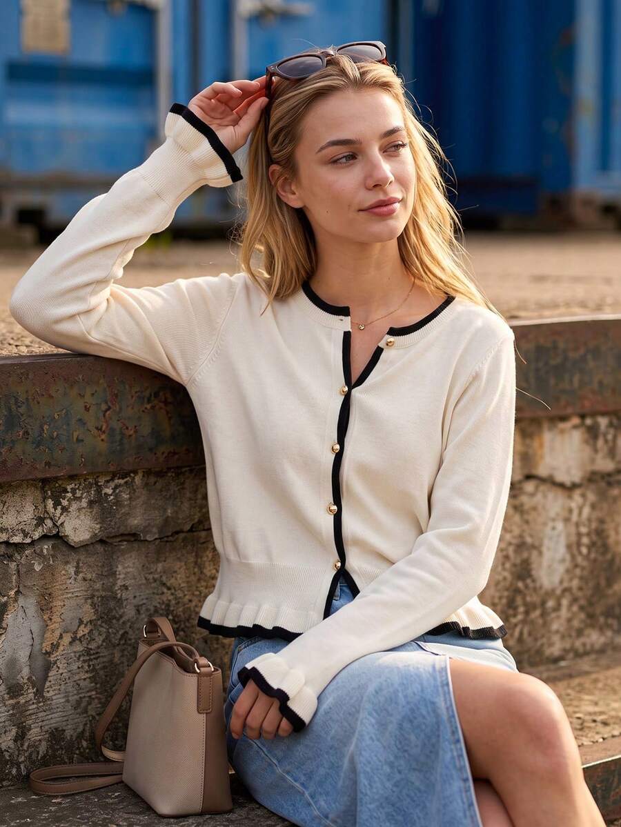 Women's Sweet Knitted Cardigan, Apricot Color Contrast Trim, Round Neck, Pearl Button, Ruffle Hem, Cuffed Waist, Versatile Knit Jacket For Office Commute, Date, Afternoon Tea, Shopping And Travel - Apricot - View 1
