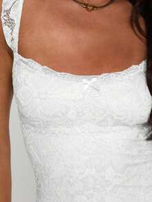 Elegant Fashion Ruffle Strap Bow Knot Lace Patchwork Sleeveless Fitted Mini Slip Dress White Summer Party - White - View 9