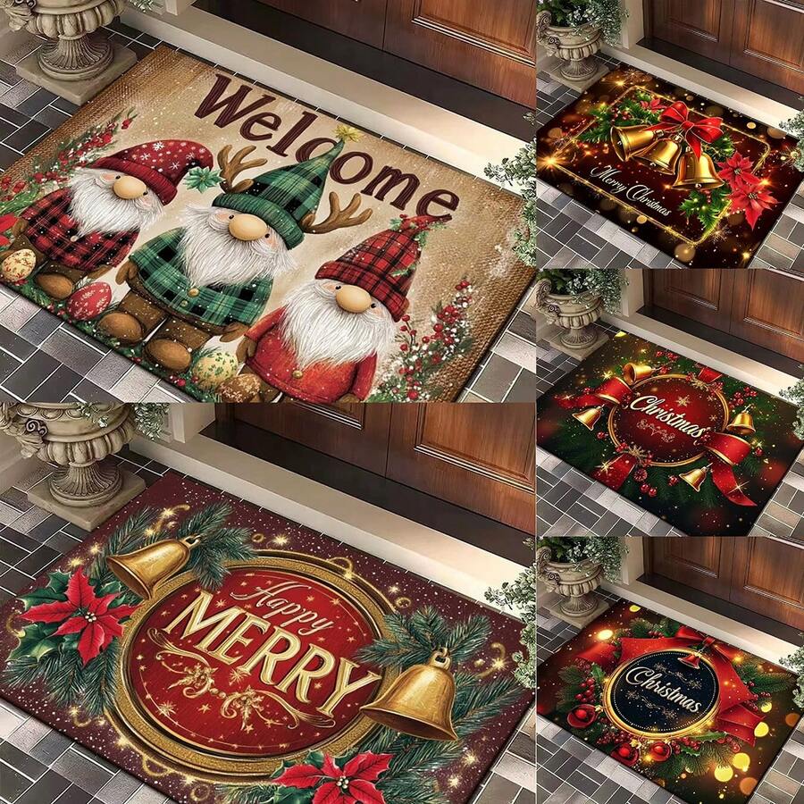 1pc (Random Style) 40*60cm Merry Christmas Doormat, Xmas Golden Bell Poinsettia Non-Slip Floor Mat, Holiday Welcome Rug For Front Door Entrance Indoor Home Decor - Cartoon - View 1