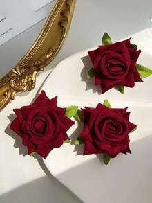 1pc Artificial Red Rose Hair Clip With Chest Clip And Side Clip, Large Flower Hair Accessory For Women, Party, Vacation, Dance, Autumn Decoration Outfit - Red - View 6