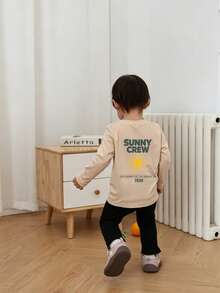 1pc Baby Boy Casual Printed Crew Neck Pullover Long Sleeve T-Shirt, Autumn Children's Top - Apricot - View 3
