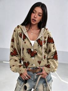 女款秋季愛心印花連帽開襟衫，抽繩設計，時尚吸睛外出穿搭 - 彩色 - 查看 1