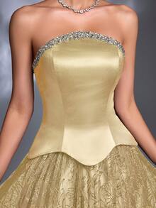 AMILUCK Women's Elegant Heavy Embellished Collar Handmade Beaded Strapless Ruffle 2-In-1 Pleated Accordion Lace Oversized A-Line Long Dress Wedding Autumn Formal Gown - Light Yellow - View 2