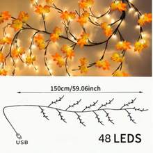 1pc Flexible Maple Leaf Branch String Light, Glowing Maple Vine Light, USB Powered, 8 Flashing Modes, Decorative Atmosphere Light, Suitable For Wall, Bedroom, Living Room, Autumn Home Decor And Thanksgiving - Maple Leaf Rattan - View 6