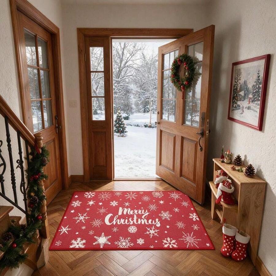 Wanfeeso Merry Christmas Door Mat - Festive Snowflake & Star Print Welcome Rug - Non-Slip Indoor Outdoor Floor Mat For Front Door, Porch & Entryway - Red Hue - View 1