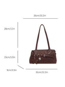 Shoulder Bag, Horizontal Body Design, Single Wide Strap, Body Decorated With Multiple Leather Buckles, Pendant Includes Heart And Five-Pointed Star Shapes. Body Features Printed Texture, Unique Style, Moderate Capacity, Can Store Personal Items, Versatile For Daily Outings. - Coffee Brown - View 6