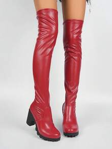 Perfect With Skirt 女款 2026 秋冬新款 方頭低跟百褶皮革套腳式過膝彈性長靴 大腿高靴 - 酒紅色 - 查看 3
