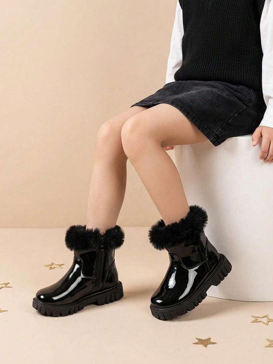 Girls' Sweet & Cool Black Glossy Faux Fur Ankle Boots With Side Zipper, Suitable For Winter Outings And Autumn/Winter Outfits - Black - View 1