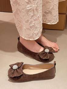 1 Pair Fashion Elegant Rhinestone Brown Leather Bowknot Shoes For Outdoor Holiday Spring Autumn - Brown - View 3