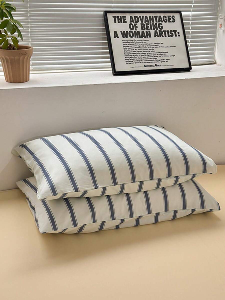 2pcs 100% Polyester Back To School Season Minimalist Striped Print Bedroom Pillowcases (No Insert Included) Versatile Machine Washable All Seasons Use - Multicolor - View 1