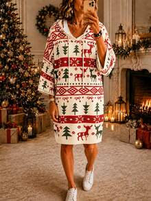 Christmas Tree Random Print Knitted Fabric Casual Elegant Commute Hooded Sweater Dress - Multicolor - View 2