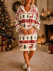 Christmas Tree Random Print Knitted Fabric Casual Elegant Commute Hooded Sweater Dress - Multicolor - View 3