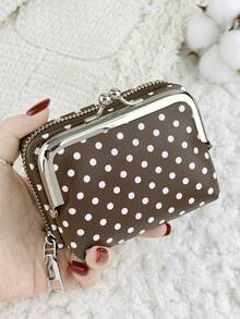 Women's Polka Dot Printed Double Zipper Credit Card Storage Bag, Simple Casual Multi Card Clip, Detachable For Use, Multi-Purpose Card Bag - Coffee - View 2