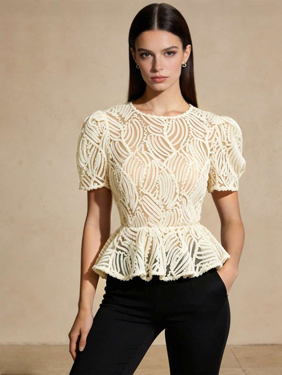 Modern Filipiniana Blouse 1pc Peplum Solid Color Ruffle/Flounce Hollow Out Short Sleeve Shirt For Women Birthday Party - Champagne - View 1