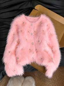 Women's Elegant Knit Cardigan, Solid Color Fine Wool Ribbed Pearl Trim, Casual Autumn/Winter - Pink - View 1