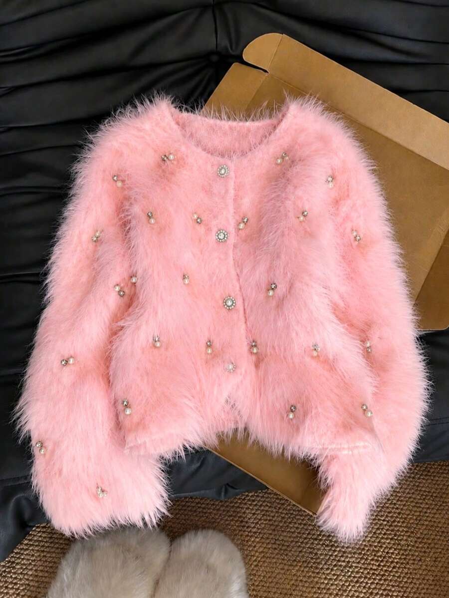 Women's Elegant Knit Cardigan, Solid Color Fine Wool Ribbed Pearl Trim, Casual Autumn/Winter - Pink - View 1