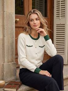 Autumn/Winter New French Elegant Style Pearl Button Knit Cardigan For Women, Contrast Color Round Neck Pocket Design White Soft Fluffy Open Front Sweater - Apricot - View 3
