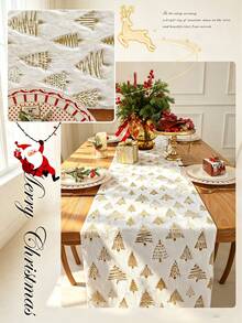 1pc Long Plush Table Runner With Gold Foil Edge & Dense Locked Stitching, Snowflake Christmas Tree & Reindeer Pattern, Suitable For Dining Room, Living Room Tabletop Decor, Holiday Gift & Party Decoration, Multiple Styles Available - White - View 6
