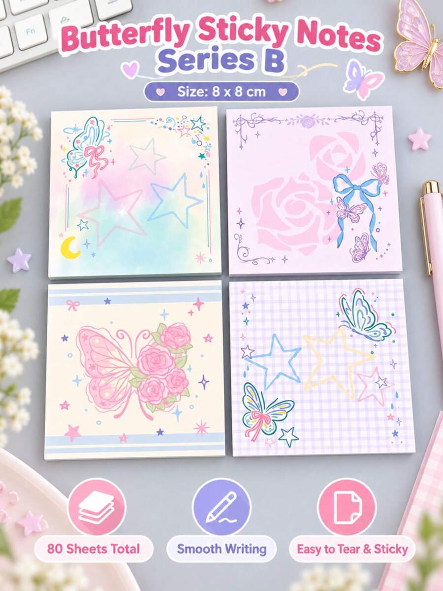 4pcs Multicolor Butterfly & Rose Sticky Notes, 80 Sheets, Cute Memo Pads For Journaling, Study, School & Office - one-size - View 1