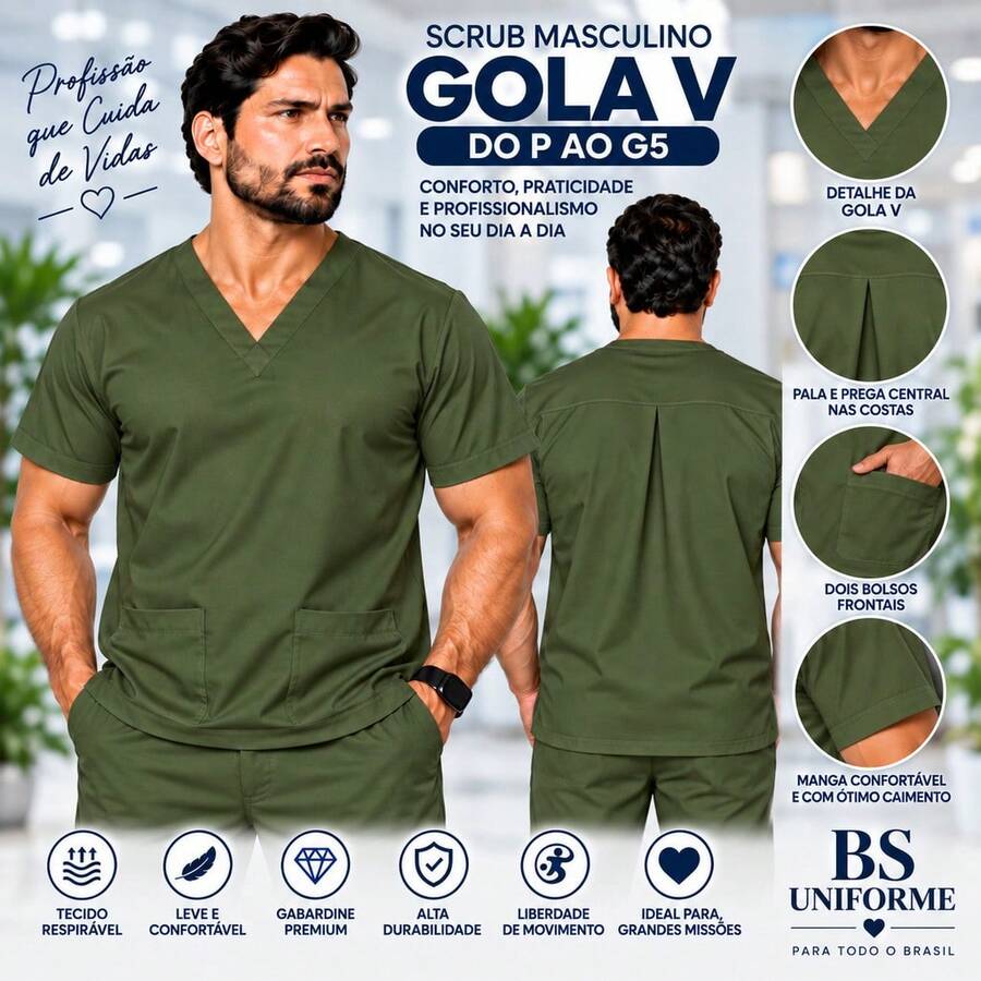 Blusa Scrub Masculina Gola V com Bolsos Uniforme Hospitalar Profissional P ao GG - Verde Militar - Visão 1