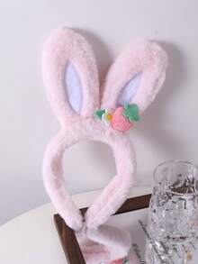 1pc/2pcs Girls White & Pink Plush Rabbit Ear Headband, Soft Plush Rabbit Ear Headband With Strawberry Flower Decoration, Cute Sweet Hair Accessory, Suitable For Children's Daily Wear, Party, Ball, Holiday Decoration - Multicolor - View 8
