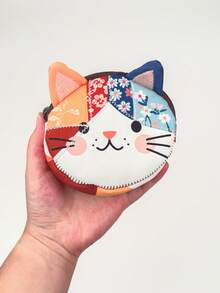 1PC Cute Patchwork Cat Pencil Case, Colorful Quilted Fabric Pen Bag, Decorated With Cat Ears And Tail, Adorable Cartoon Kitten, B, First Day Of School - Multicolor - View 9