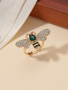 Cross-Border Hot-Selling Creative Bee Jewelry, Rhinestone Faux Pearl Oil-Drop Inlaid Insect Ring, Vintage Luxury Coat Accessory Gift - Gold - View 9