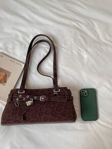Shoulder Bag, Horizontal Body Design, Single Wide Strap, Body Decorated With Multiple Leather Buckles, Pendant Includes Heart And Five-Pointed Star Shapes. Body Features Printed Texture, Unique Style, Moderate Capacity, Can Store Personal Items, Versatile For Daily Outings. - Coffee Brown - View 5