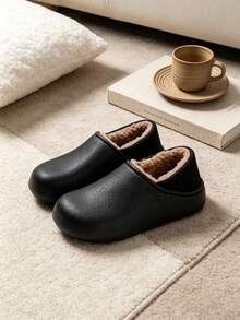 Men's One-Piece Molded Thick Fleece Lining Warm Clogs, Thick Sole Full-Cover Heel Windproof, Lightweight Comfortable, Suitable For Home, Package Pickup, Short Trips, Dirt-Resistant Easy To Clean Warm Hole Shoes - Black - View 1