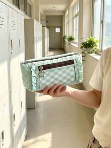 1pc Cute Plaid Pattern Pleated Pencil Case, Star Pendant Double Zipper Stationery Storage Bag, Large Capacity Transparent Window Pencil Pouch, Suitable For Back To School, Holidays, Travel, Soft Fabric Portable Makeup Organizer, Student Gift Choice - Single Piece - View 5