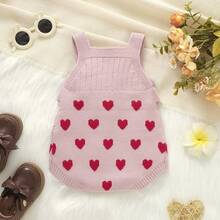 Baby Girl Pink Heart Jacquard Ruffle Trim Knit Romper - Baby Pink - View 4