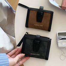 麂皮拼接短款女用錢包 PU 高級質感雙折皮革錢包 極簡腰帶錢包 萬聖節禮物 - 彩色 - 查看 9