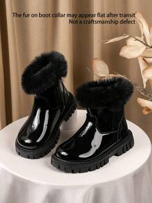 Girls' Sweet & Cool Black Glossy Faux Fur Ankle Boots With Side Zipper, Suitable For Winter Outings And Autumn/Winter Outfits - Black - View 2