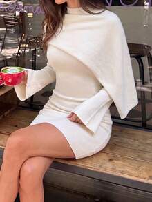 Just Masa Women's Fall Elegant Solid Color Sweater Dress,Flared Sleeve Round Neck Bodycon Mini Dress & Solid Shawl,For Party,Wedding,Birthday,Date - White - View 10