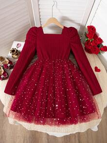 Tween Girls Fall Dress, Valentine's Day Solid Color Jacquard Square Neck Gigot Sleeve Top With Star & Moon Mesh Princess Skirt, Bow Decor - Burgundy - View 2