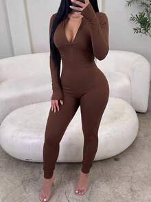 GLAMSKIN جمبسوت نسائي للخريف/الشتاء بأكمام طويلة مضلع، نصف سحاب بياقة V عميقة، قصة ضيقة، طقم قطعة واحدة، مرونة عالية، أسلوب شارع كاجوال - بني - مشاهدة 11