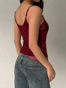 Women's Burgundy Sequin Camisole, Spaghetti Strap Knit Cropped Top, Medium Stretch Shiny Blouse - Burgundy - View 2
