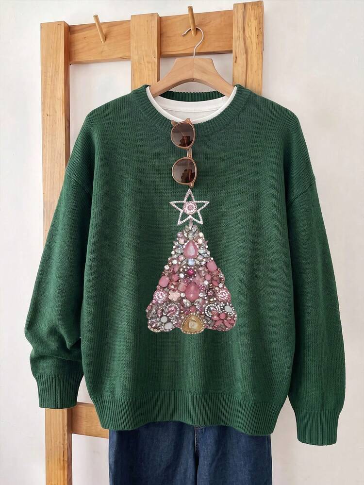 Women's Crew Neck Sweater With Faux Rhinestone Pink Christmas Tree Print, A Stylish Autumn/Winter Look. - Dark Forest Green - View 6