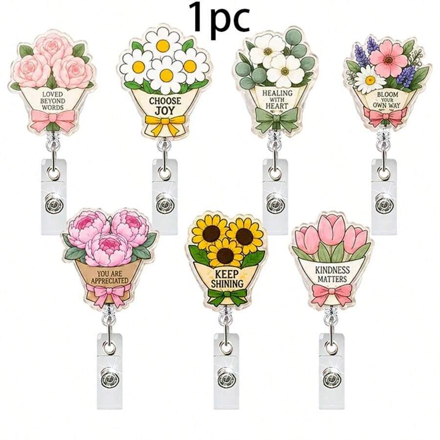 1pc Floral Inspirational Bouquet Acrylic Retractable Rotating Badge Reel ID Holder For Medical Professionals - Multicolor - View 1