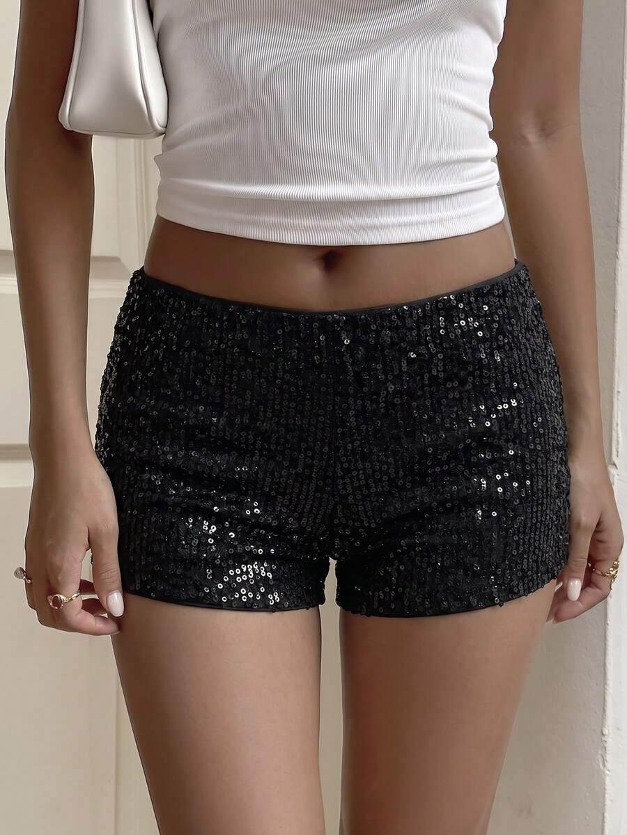 SCARLUX Fall Women Y2K Black Sequin Hot Shorts, Elastic Waist Fitted Glitter Short Pants For Homecoming Party Club Daily Street Outfits - Black - View 1