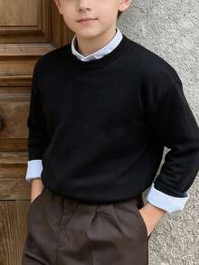Boys Solid Black Crew Neck Vertical Rib Knit Sweater, Fall Winter Preppy Long Sleeve Jumper For School Daily Wear - Black - View 1